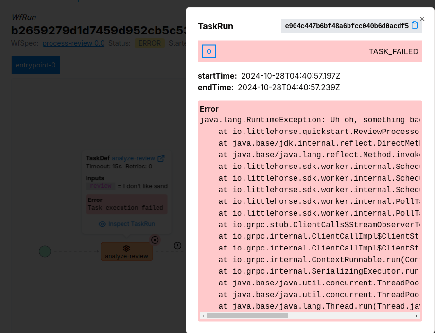 Dashboard Task Error Message