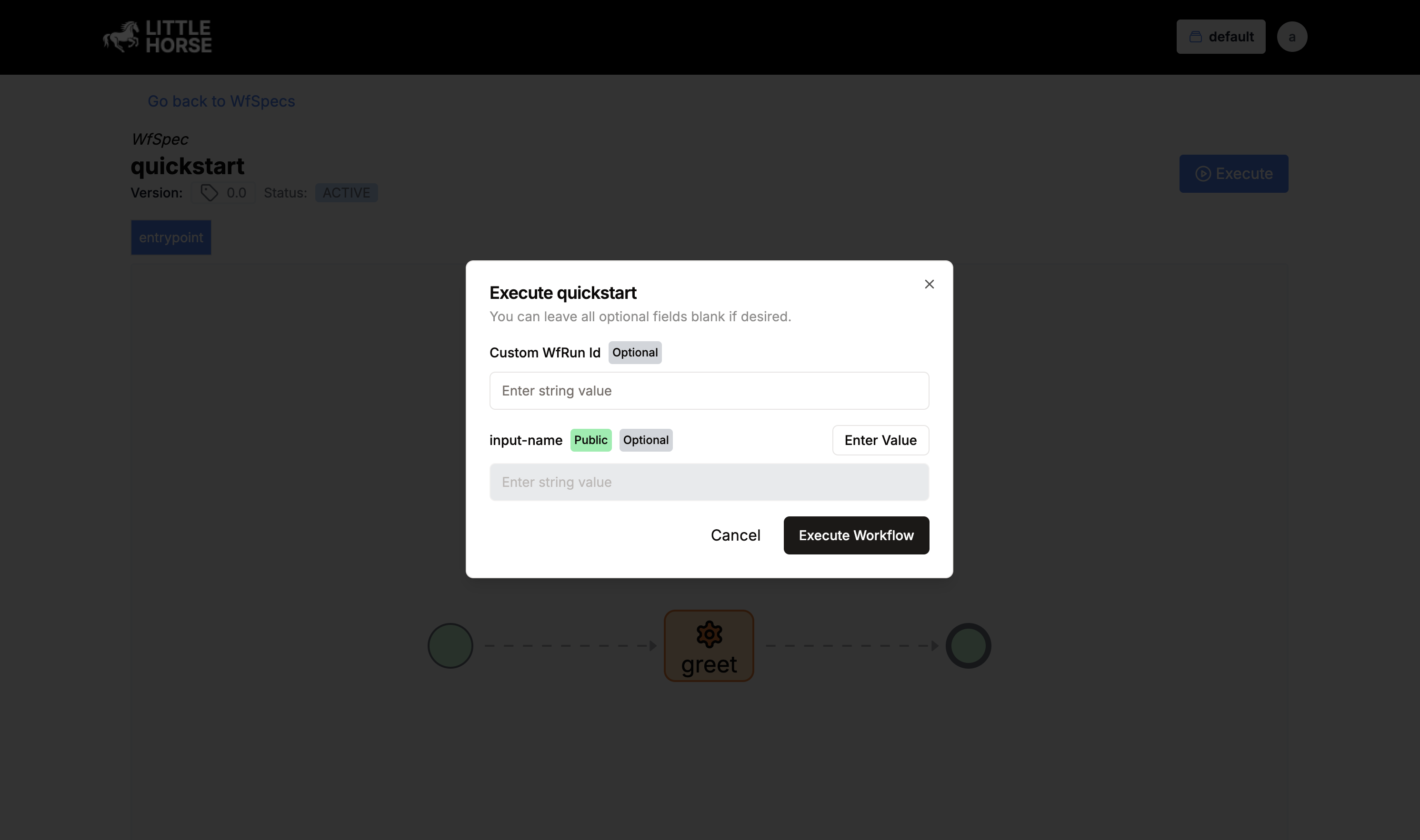 The 'Execute WfRun' modal in LittleHorse Dashboard