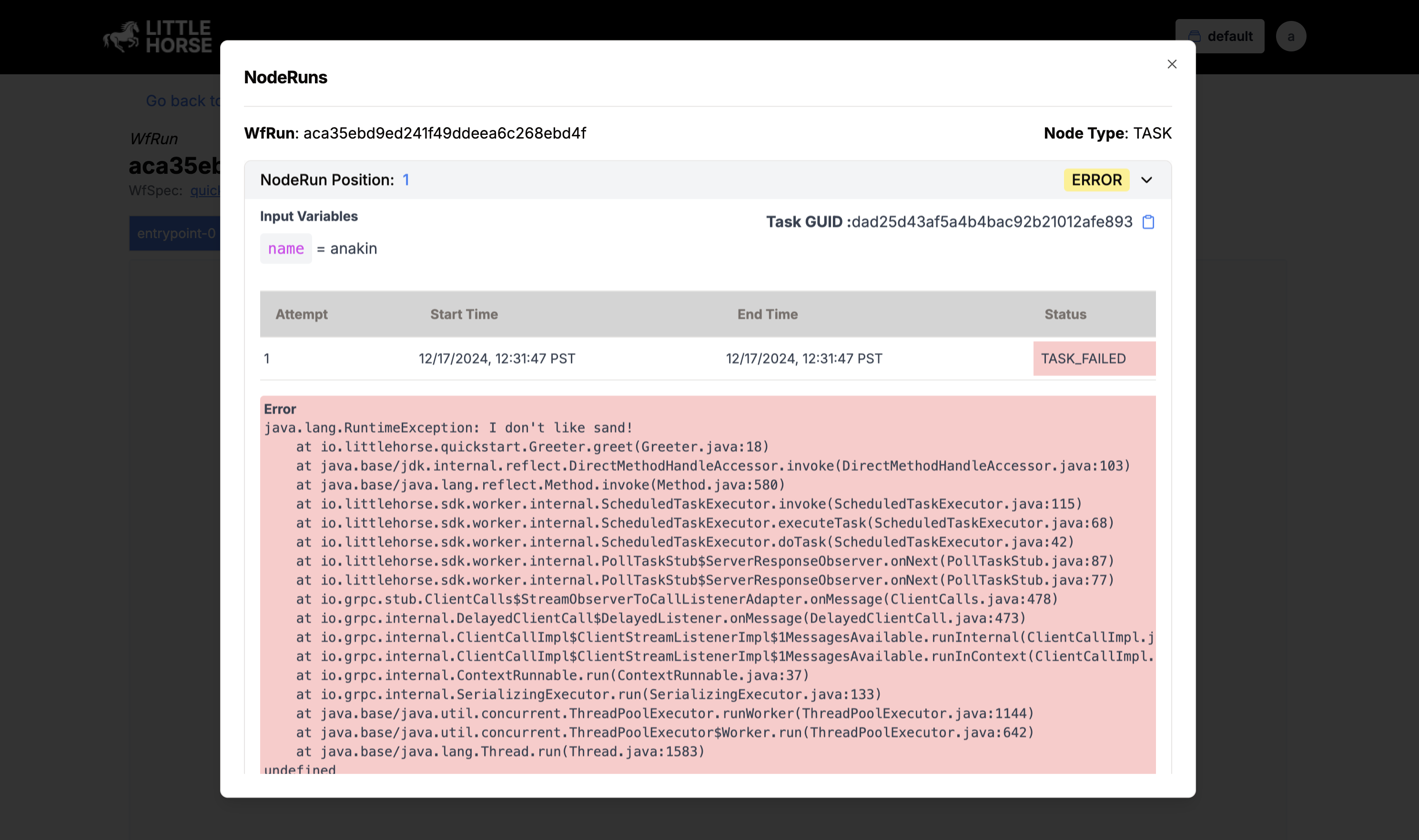 A Failed TaskNode in LittleHorse Dashboard