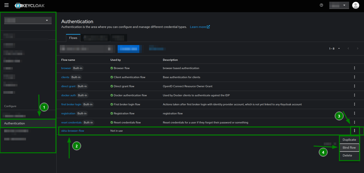 List of flows highlighting the Bind flow button of the okta-browser-flow