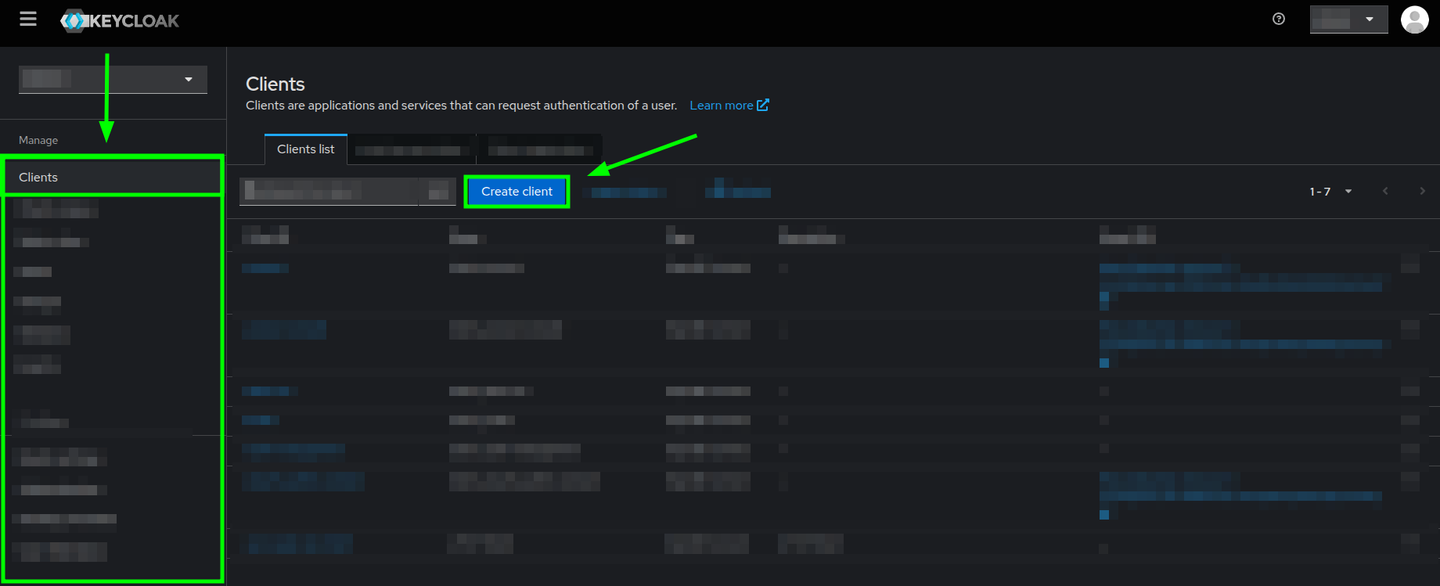 Clients section in Keycloak's Admin Dashboard highlighting the Create client button
