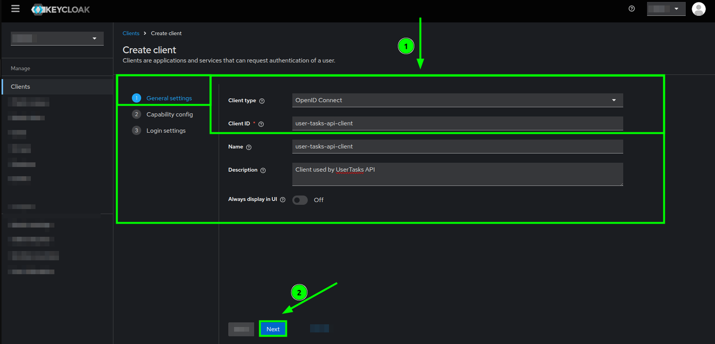 Create client form highlighting some fields and the Next button in the General settings section