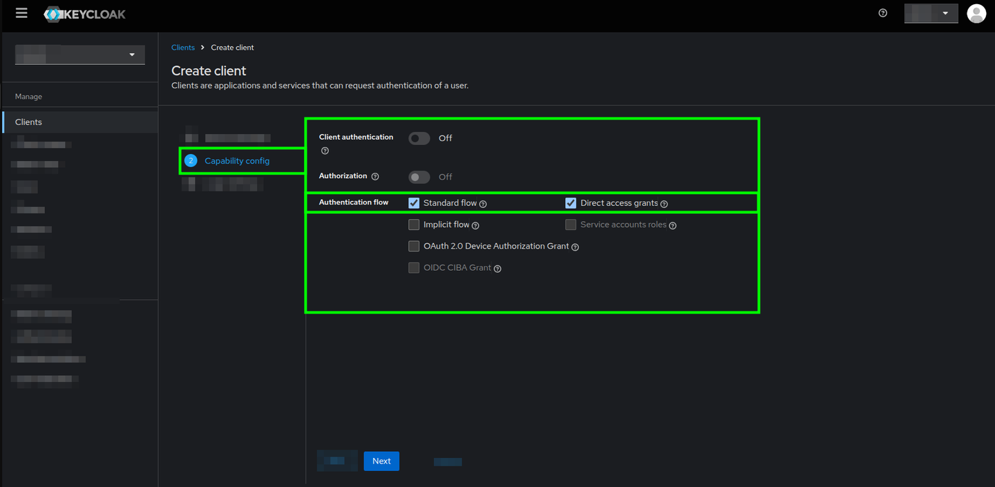 Create client form highlighting some fields in the Capability config section