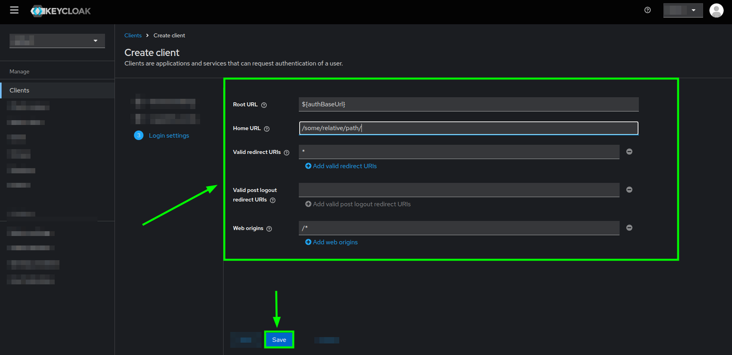 Create client form highlighting some fields in the Login settings section and the Save button