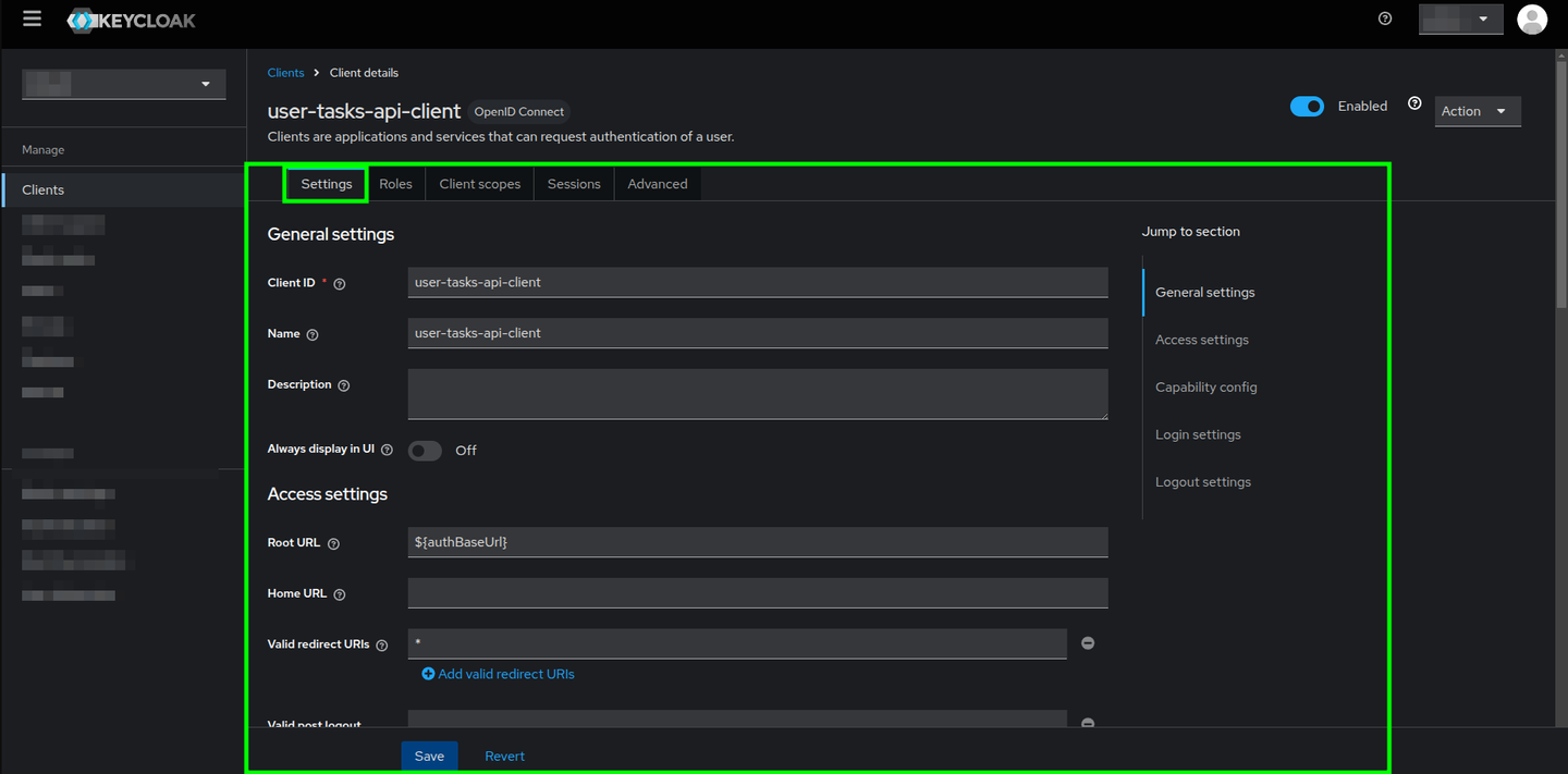 Client details view after successfully creating a client in Keycloak's Admin Dashboard highlighting the Settings tab