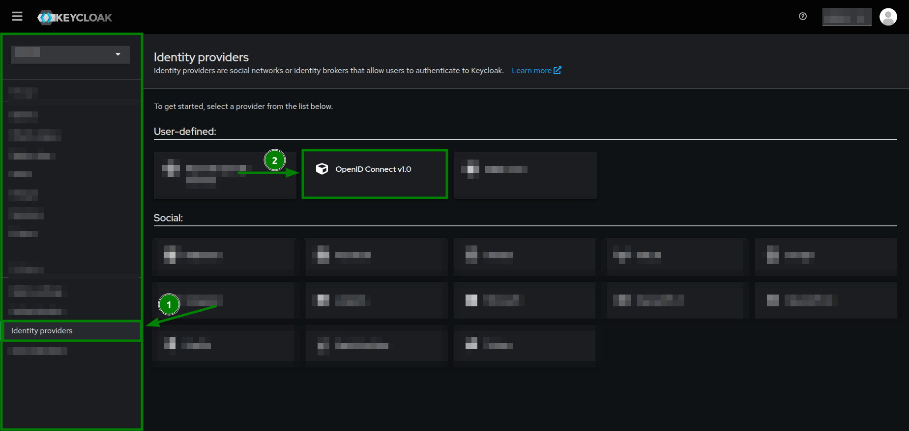 Keycloak's Identity providers section highlighting the Open-ID Connect v1.0 box