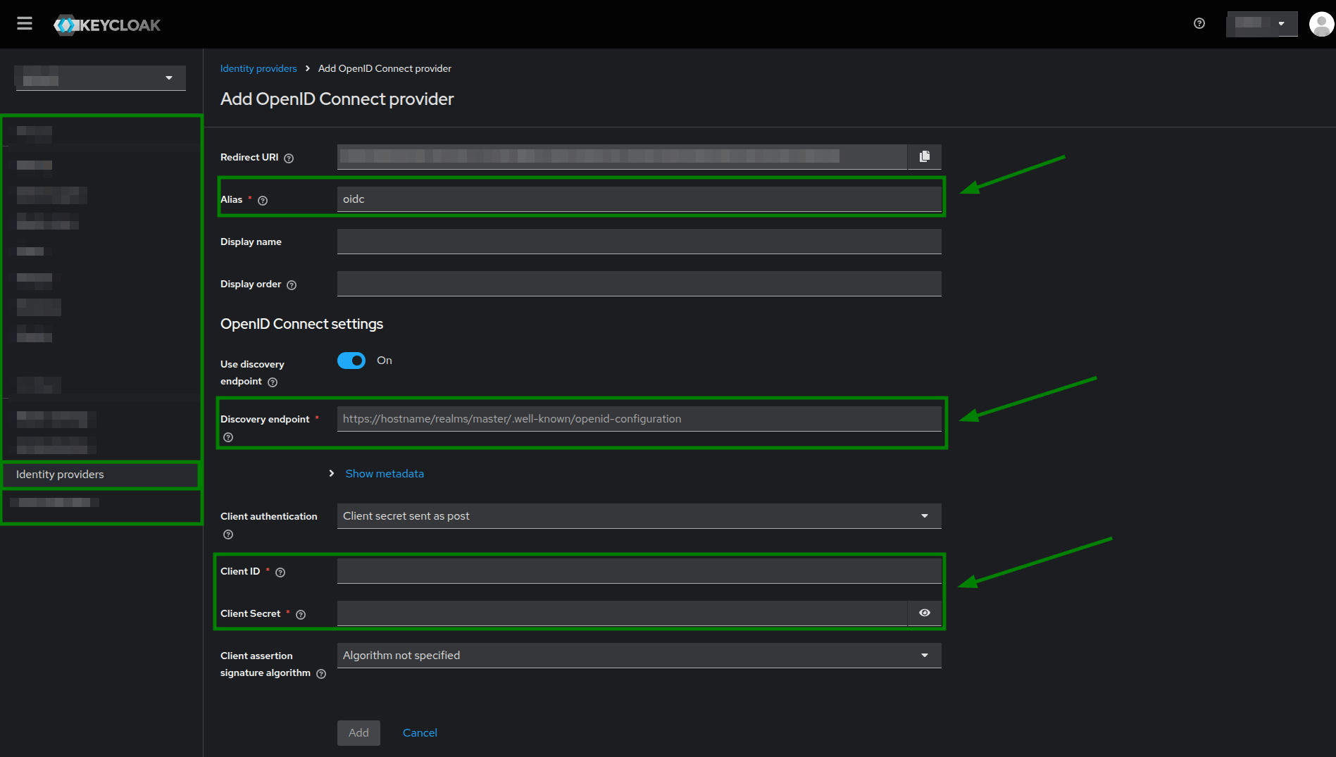 Add Open-ID Connect provider form