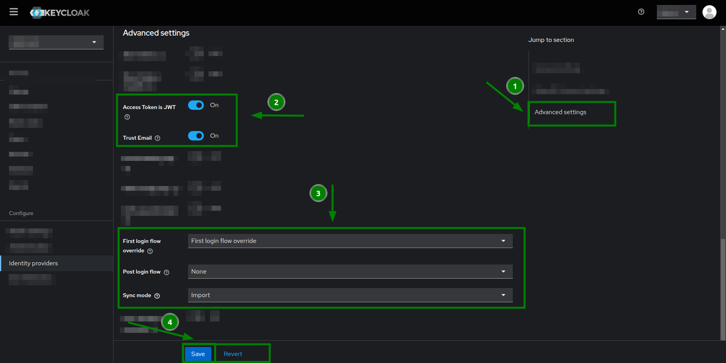 Identity Provider's Advanced settings section highlighting some indications