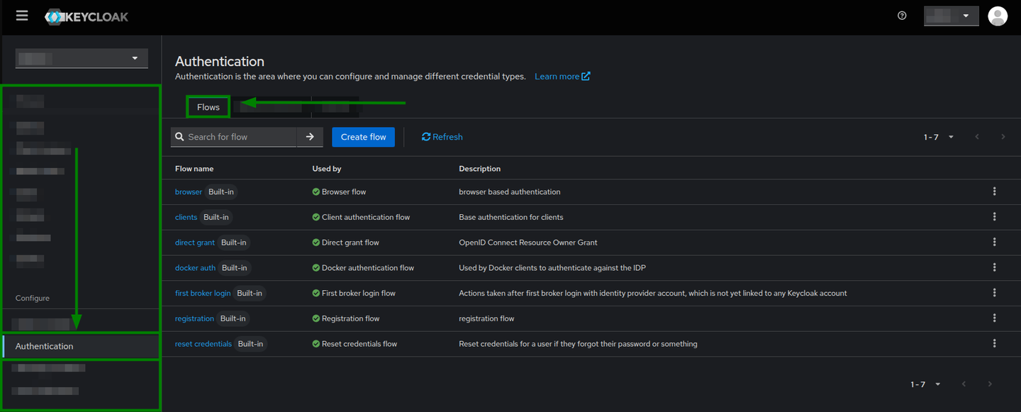 Authentication section in Keycloak's Admin Dashboard highlighting the Flows tab