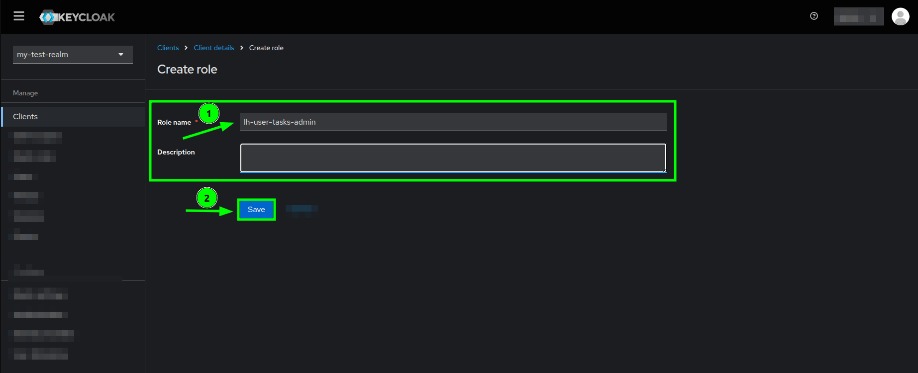 Create role form highlighting the Role name field and Save button