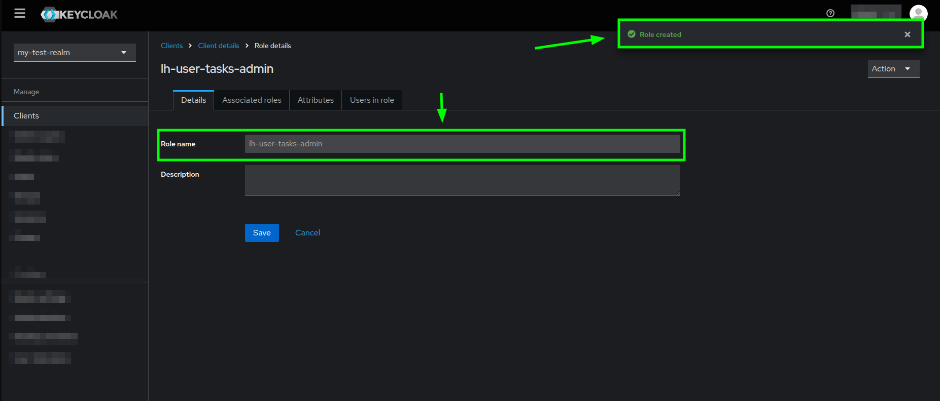 Role details view highlighting the read-only role name and successful creation message