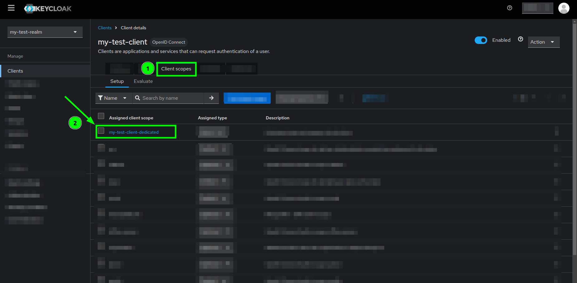 Client details view highlighting the Client scopes tab and the dedicated scope