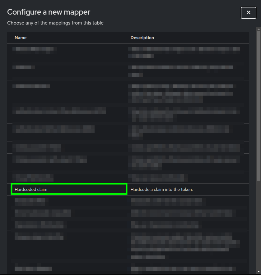 Popup dialog with a list of mappings highlighting the Hardcoded claim mapping