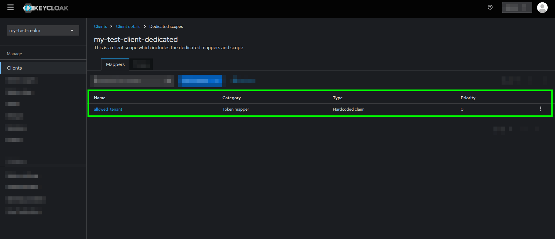 Dedicated scopes view highlighting the created allowed_tenant mapper in the Mappers tab