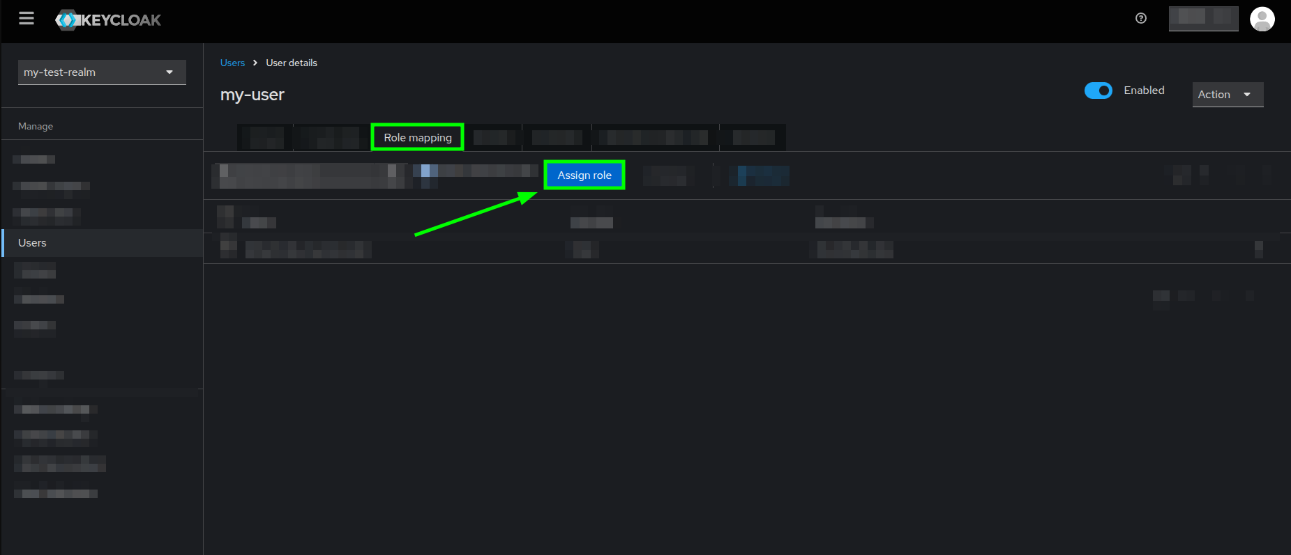 User details view highlighting the Role mapping tab and Assign role button