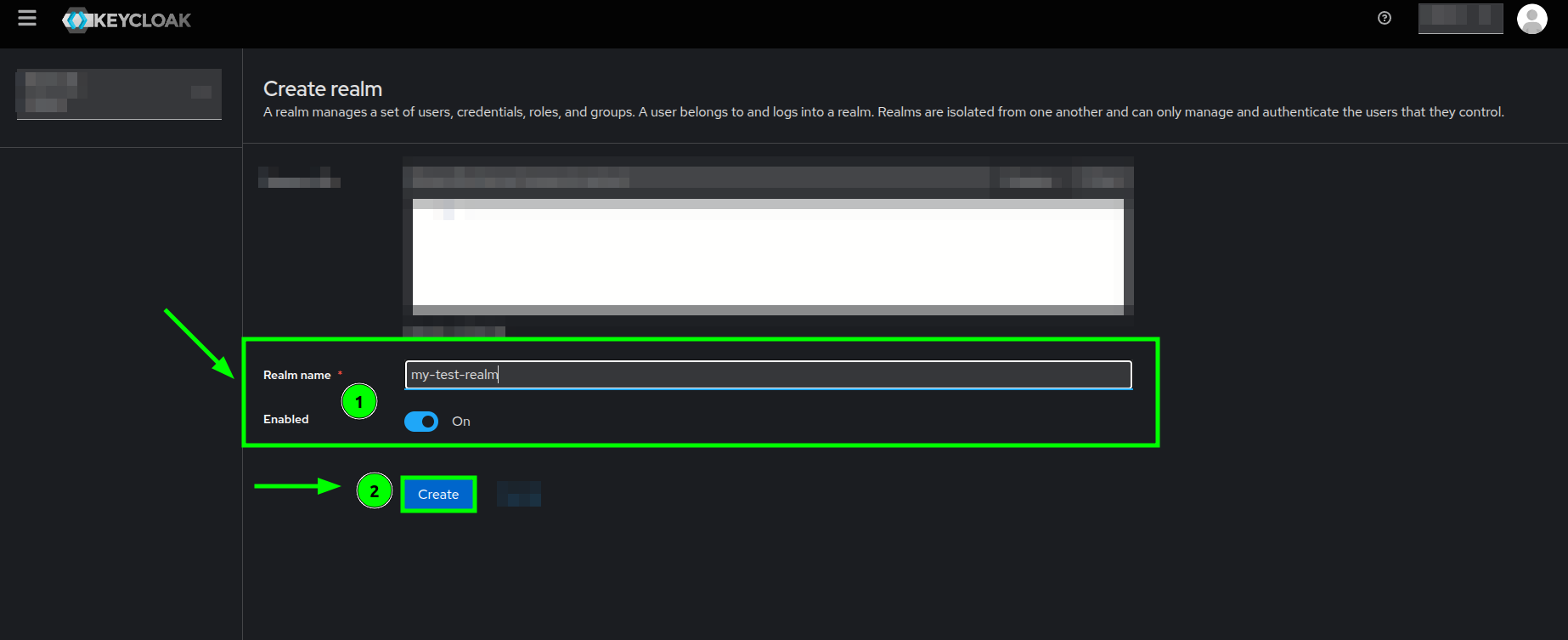 Create realm form highlighting the required fields and creation button