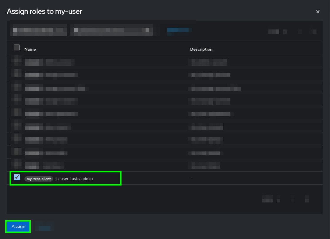 Assign roles popup dialog highlighting the selected lh-user-tasks-admin role