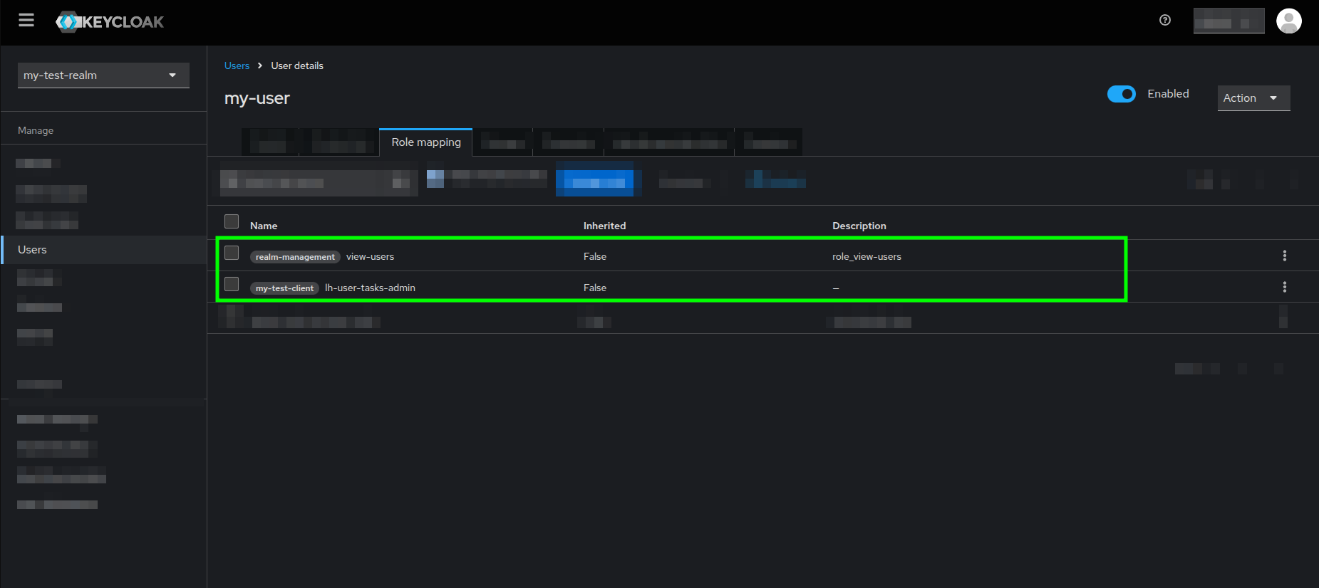 Role mapping view after assigning both the view-users and the lh-user-tasks-admin roles