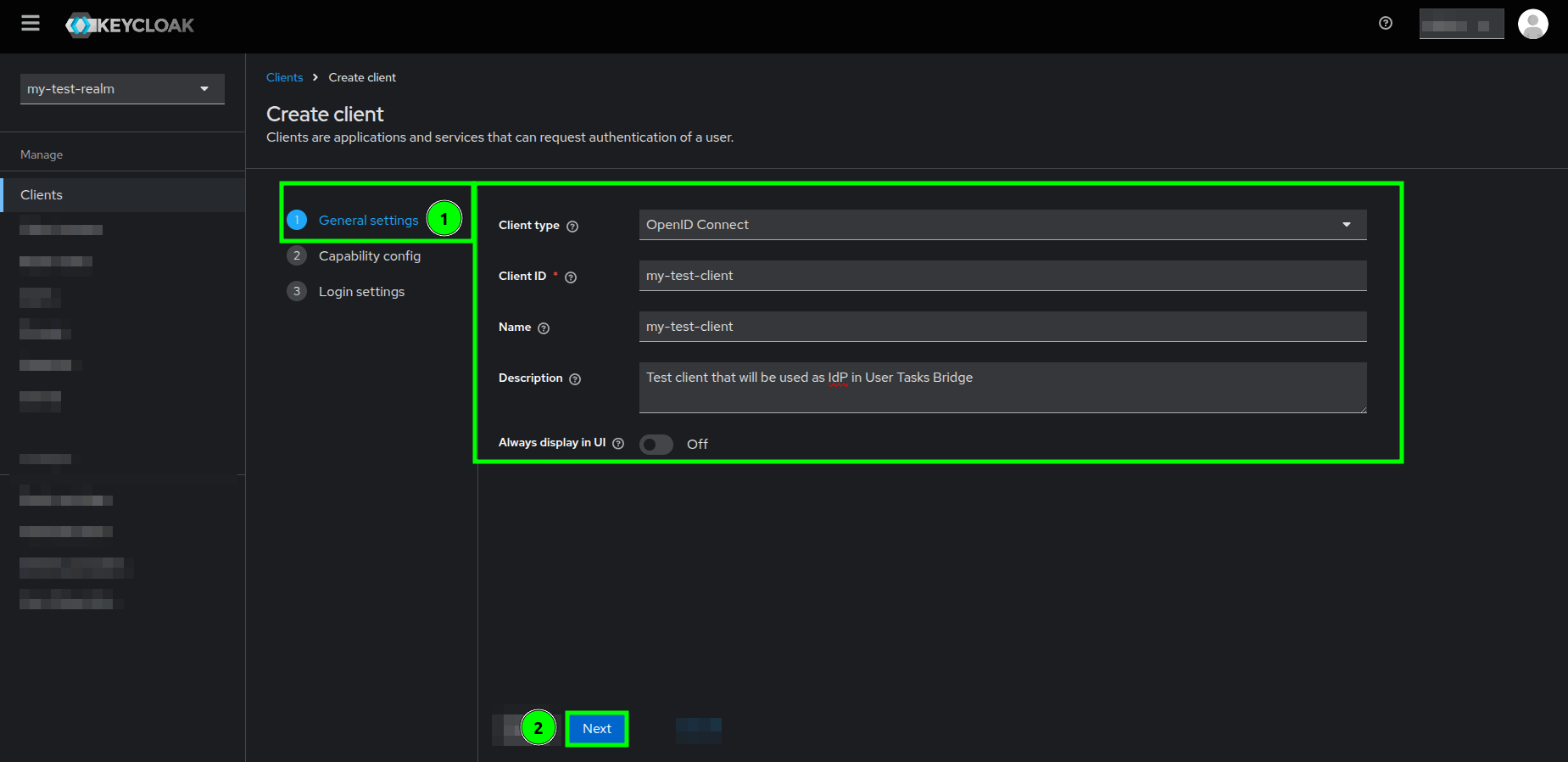 Create client form highlighting the General settings section