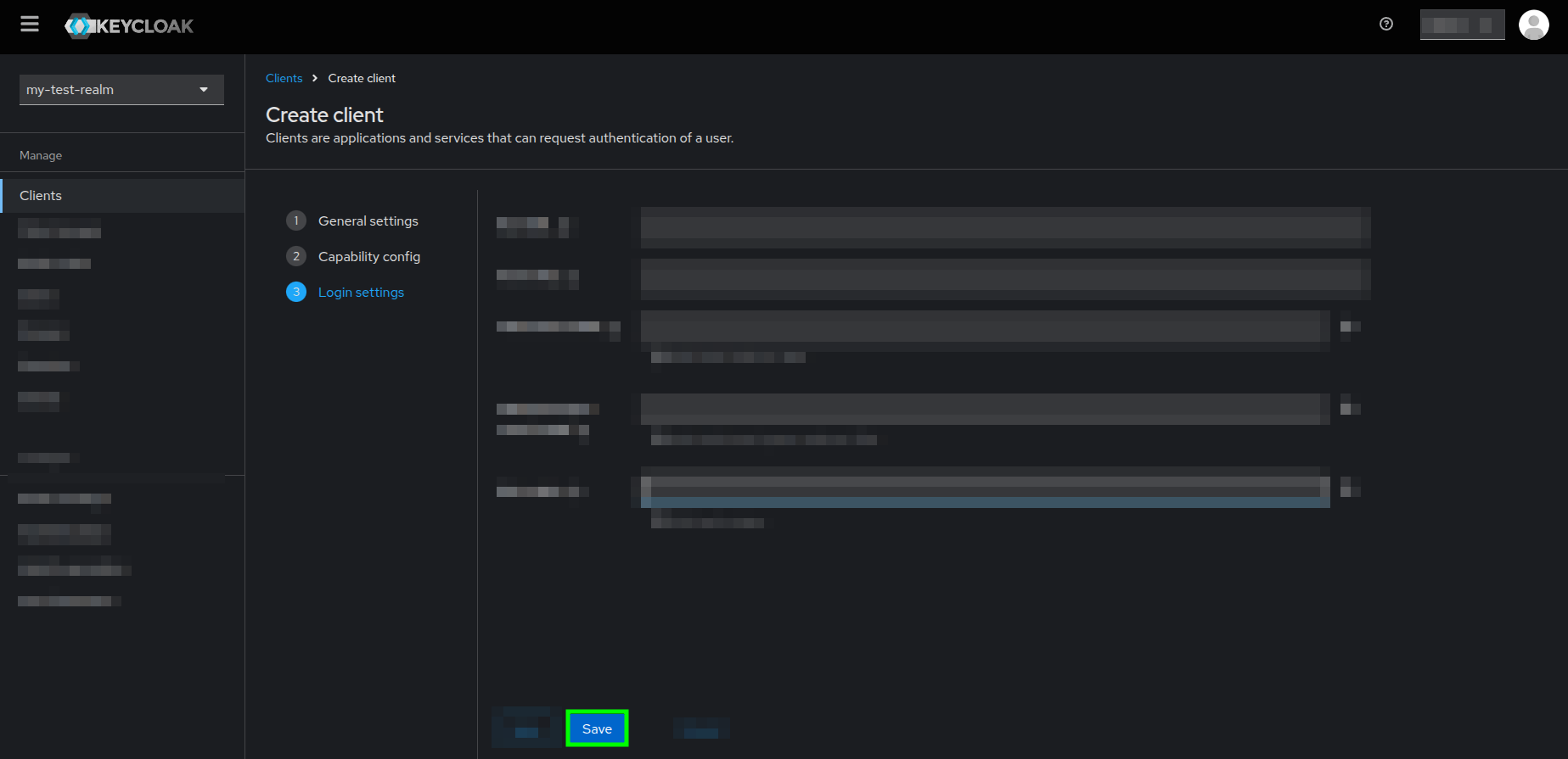 Create client form highlighting the Save button of the Login settings section