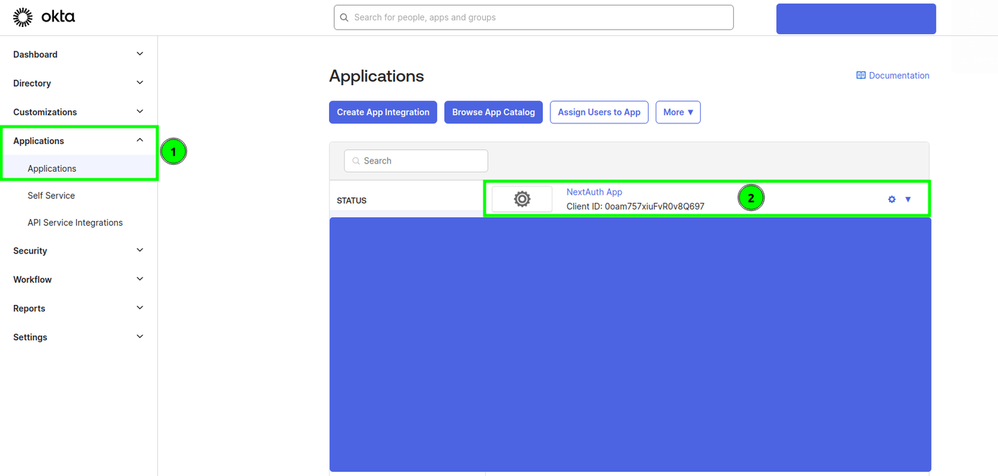 Applications section in Okta's Admin Dashboard