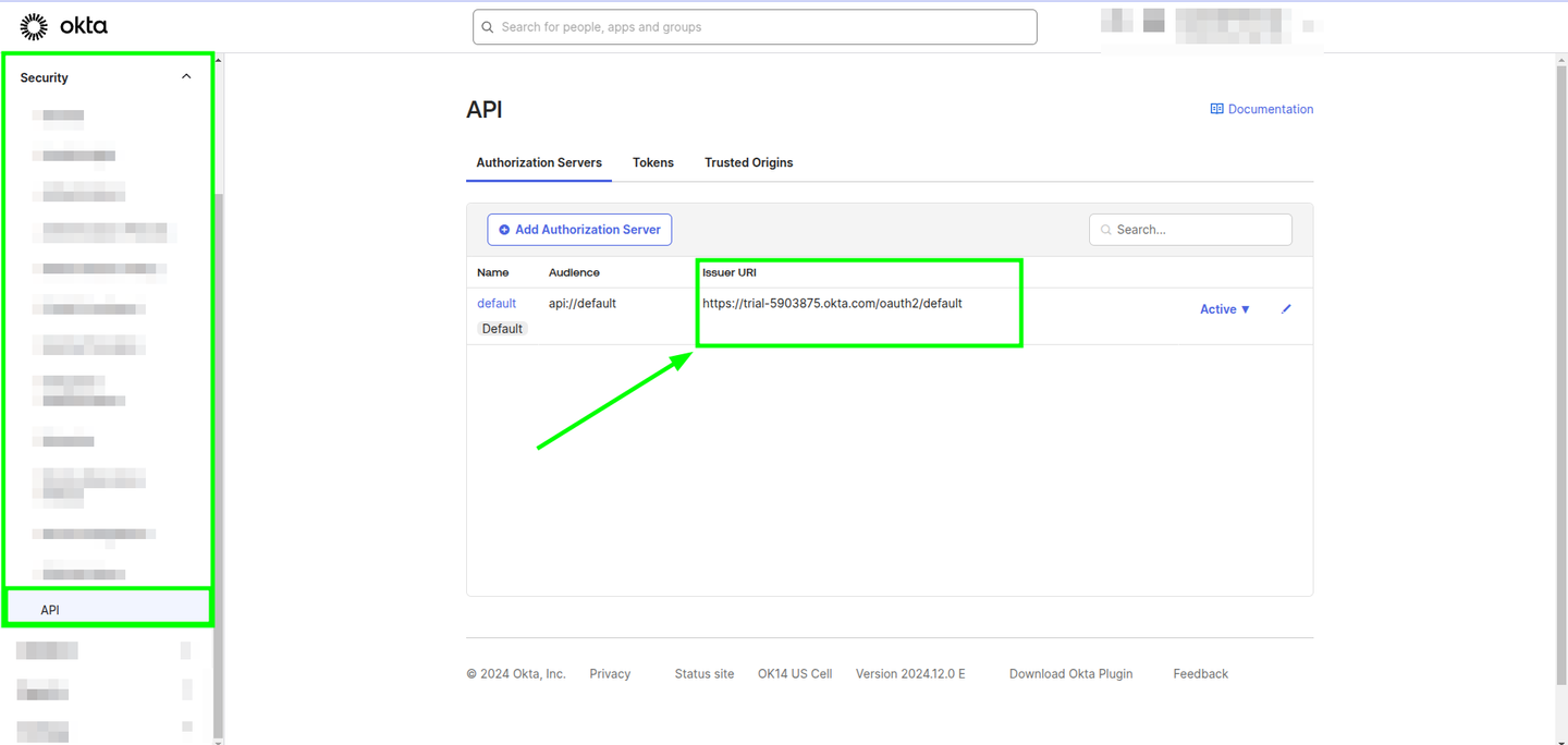 API section in Okta's Admin Dashboard, but this time highlighting the Issuer URI of an Authorization Server