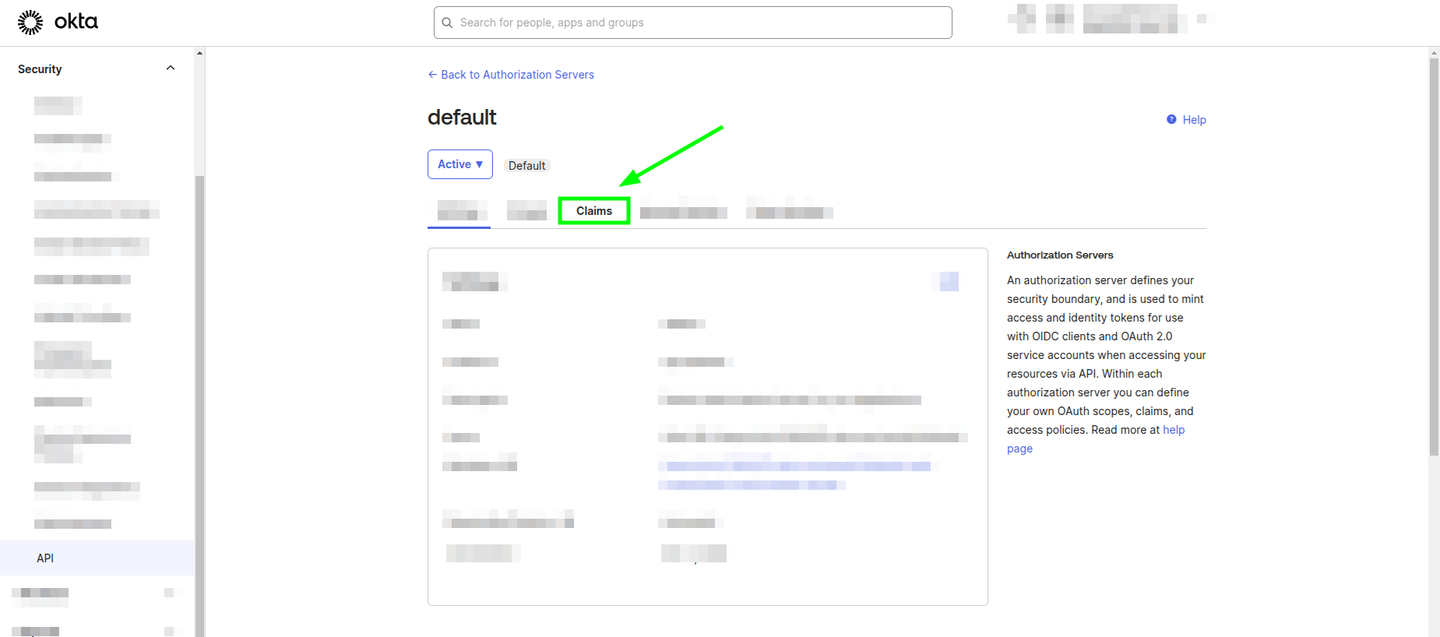 Authorization Server details section in Okta's Admin Dashboard, highlighting the Claims tab