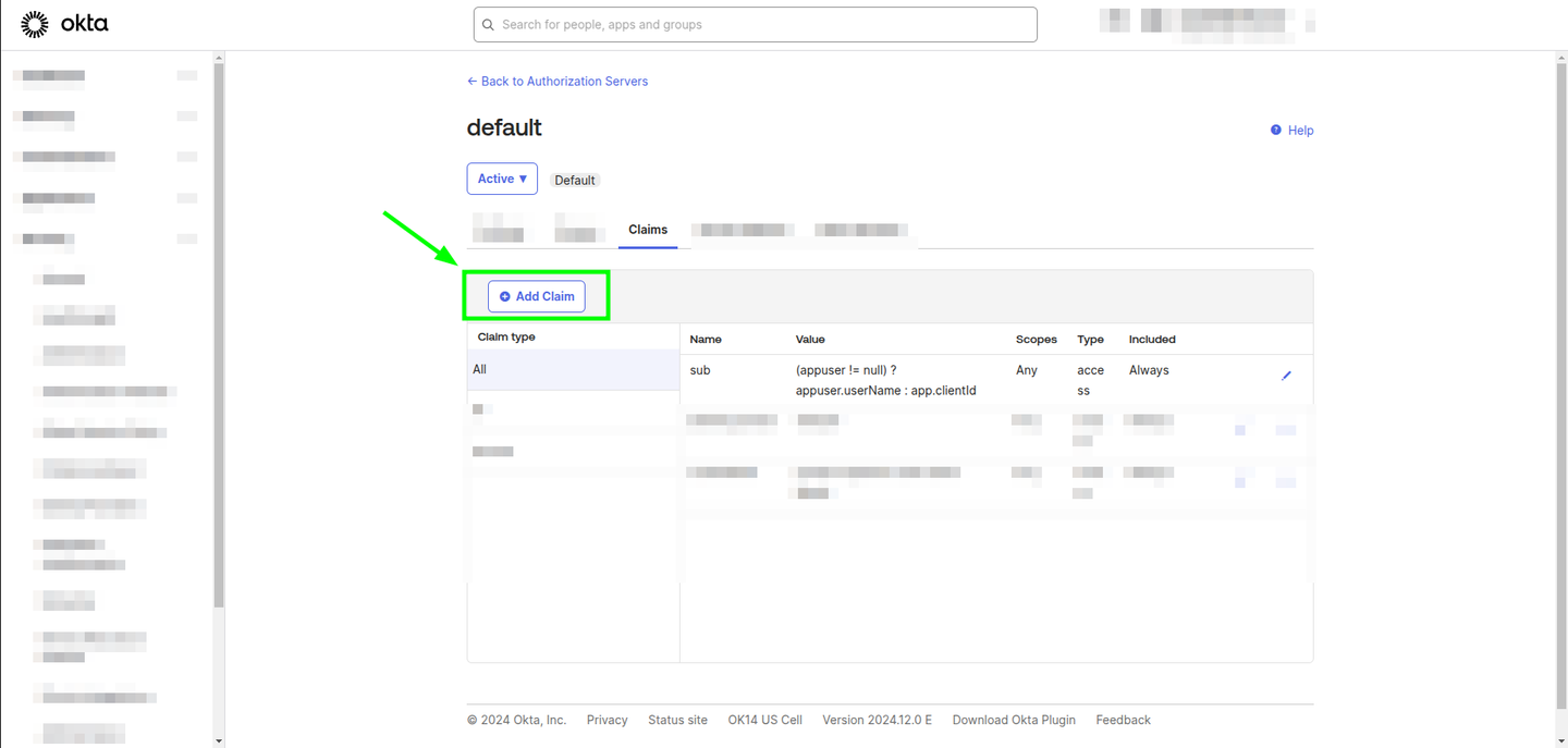 Authorization Server details section in Okta's Admin Dashboard, highlighting the Add Claim button in the Claims tab