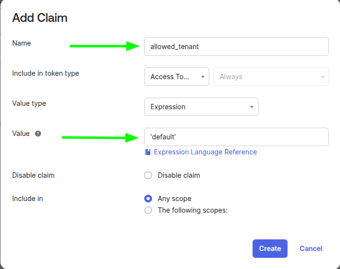 Add Claim popup form with indications to create the allowed_tenant claim