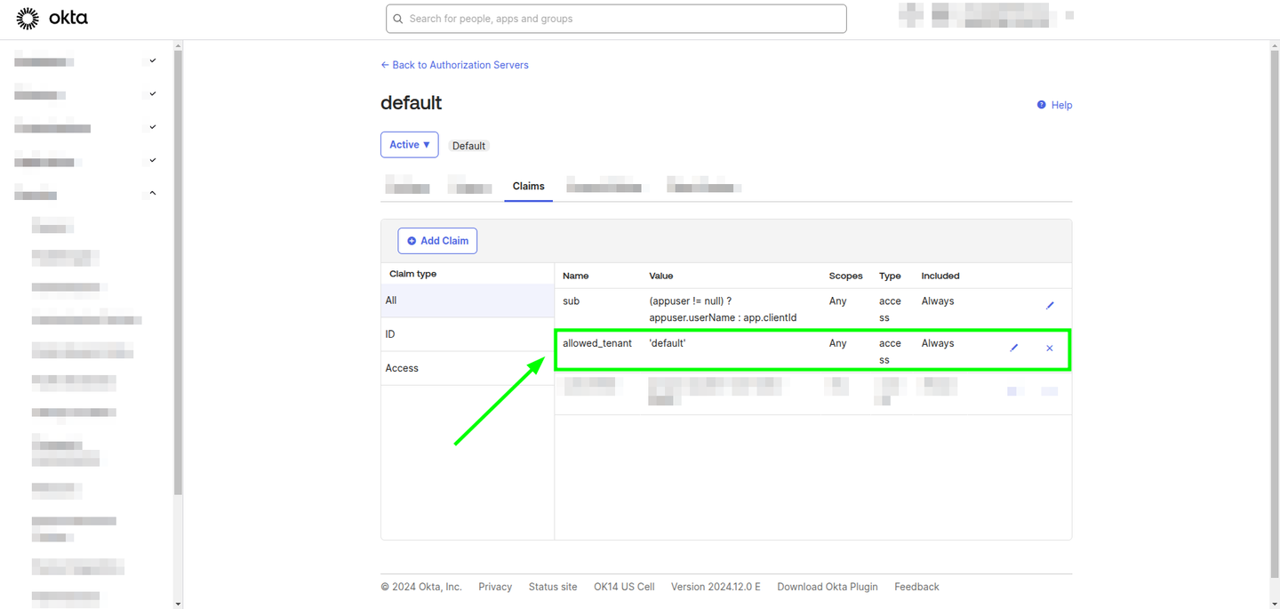 Claims list after successfully creating the allowed_tenant claim