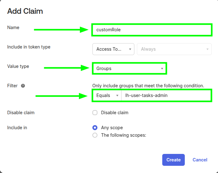 Add Claim popup form with indications to create the customRole claim