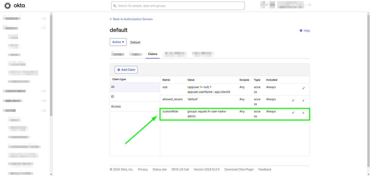 Claims list after successfully creating the customRole claim