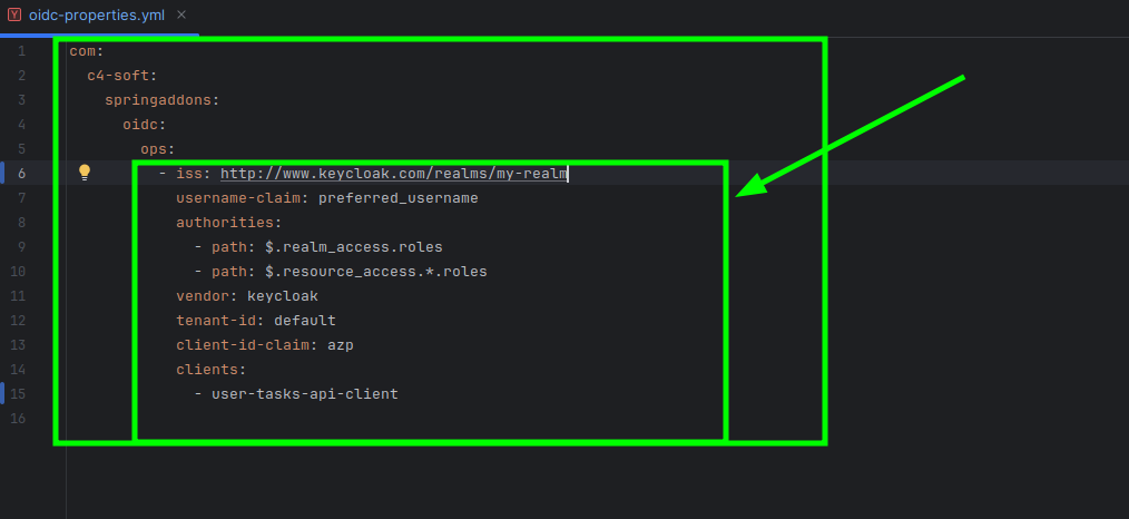 Sample oidc-properties.yml file in UserTasks Bridge Backend highlighting all fields within the iss property