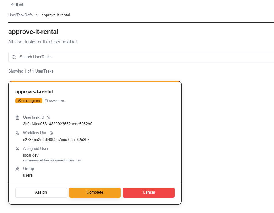 User Tasks Bridge Console with the user task definition for the approve-it-rental task