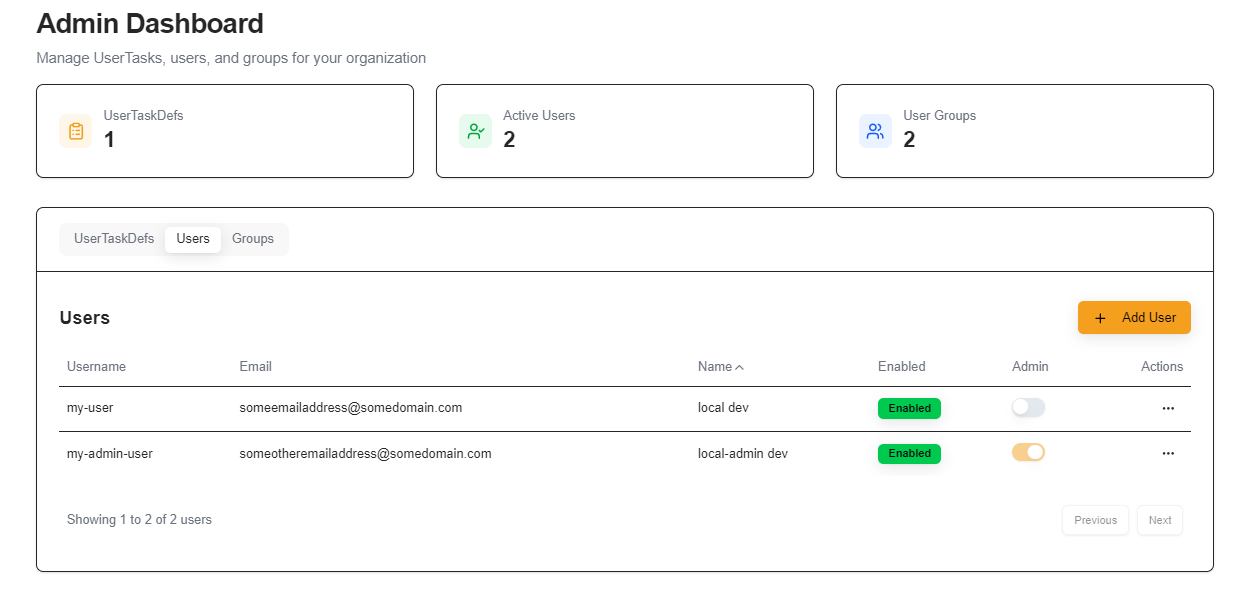 User Tasks Bridge Console with the users tab