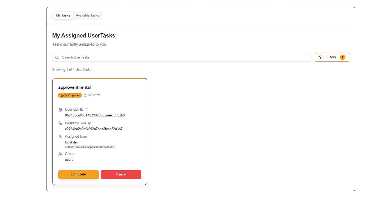 User Tasks Bridge Console with an assigned User Task Run for the It-request workflow