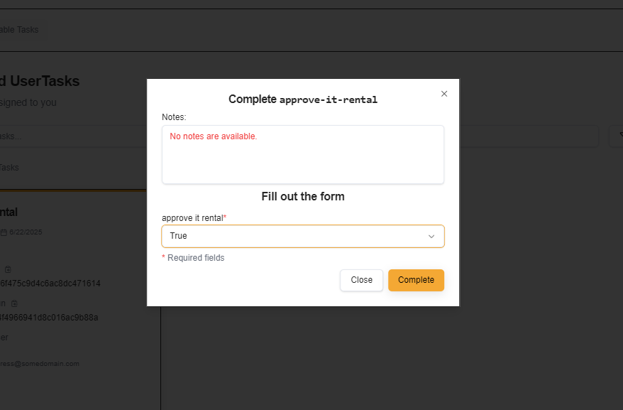 User Tasks Bridge Console with the form for the It-request workflow