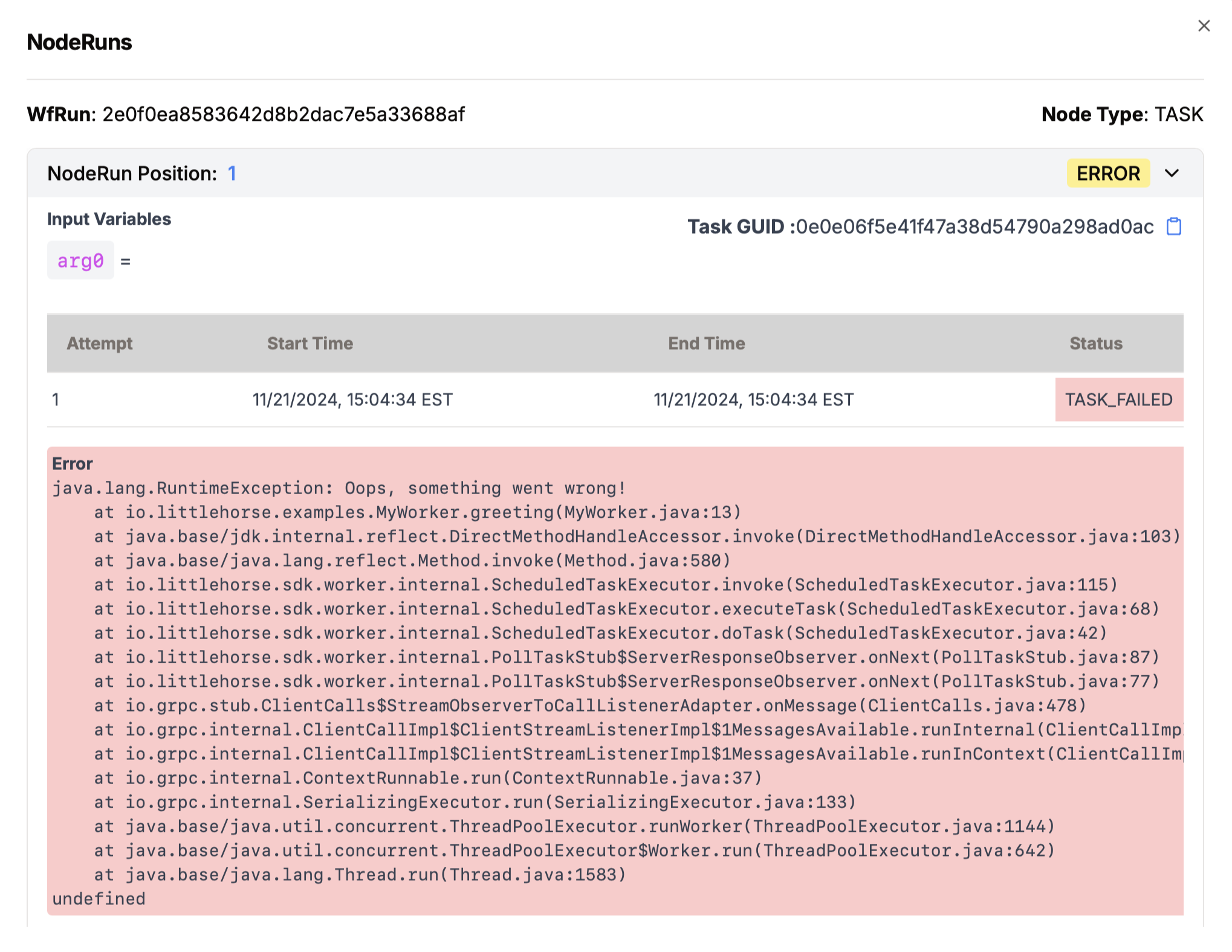 The TaskRun details modal from the dashboard. Includes metadata about the NodeRun, including unique IDs, start time, end time, attempts, and log output.