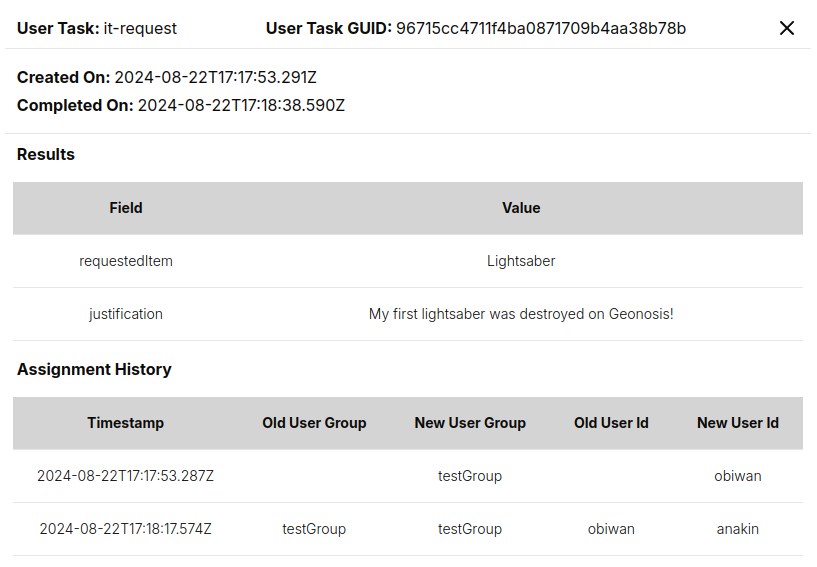 A UserTask details modal showing the User Task's creation time, completion time, results submitted by the user, and the history of when it was assigned to each user.