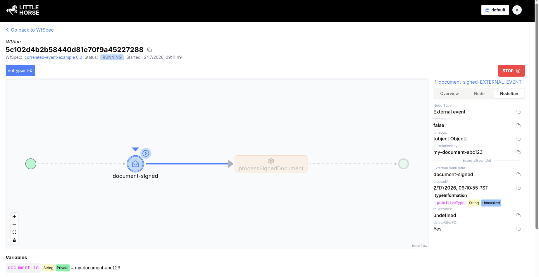 The LittleHorse Dashboard depicting a WfRun waiting for a Correlated Event.