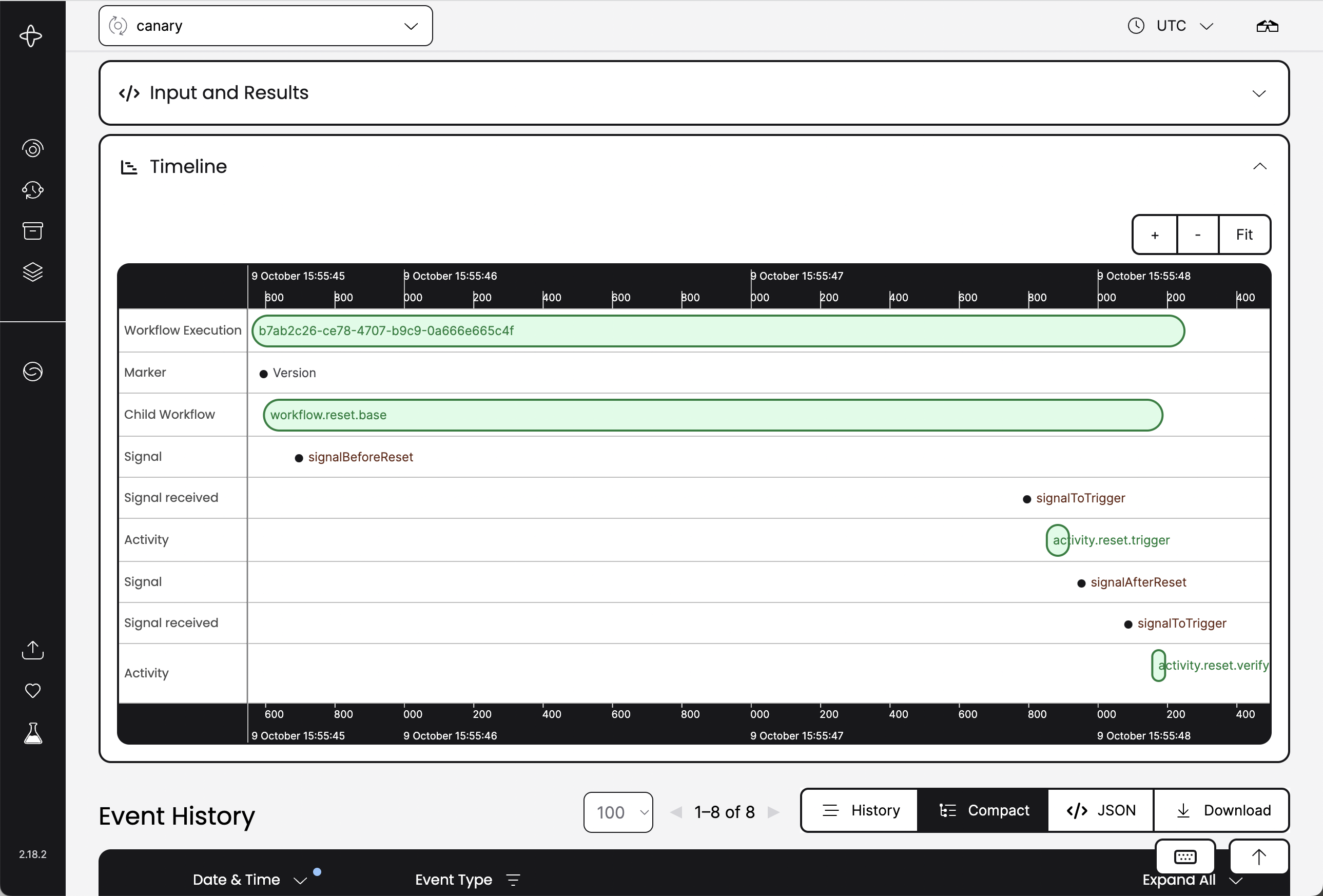Temporal's dashboard shows individual activity results but lacks a visual representation of the overall business process. The Temporal dashboard showing a workflow execution as a flat list of activity inputs and outputs, without a visual graph of the business flow.