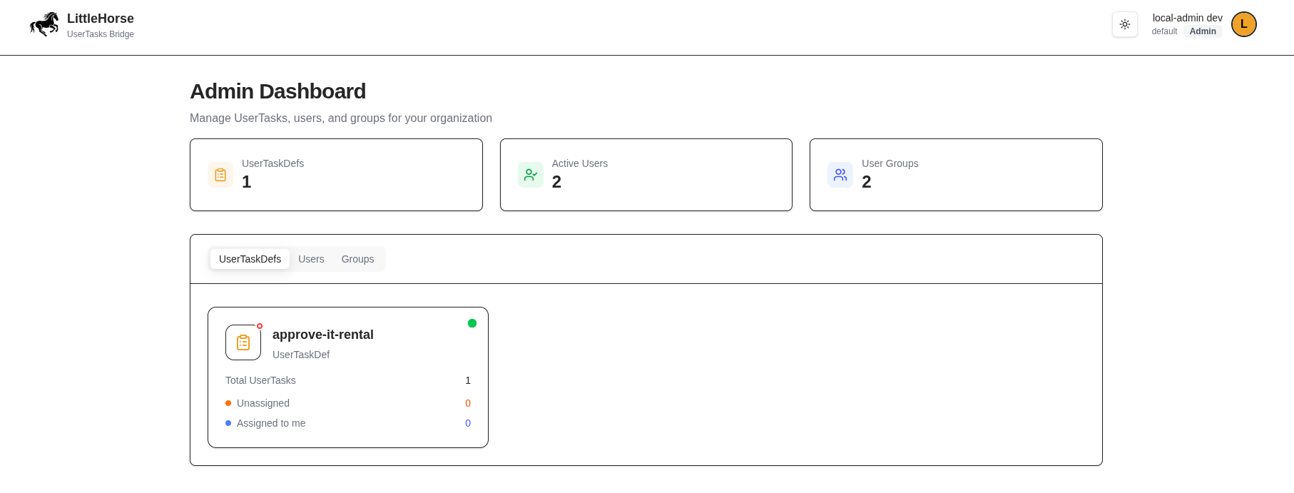 A screenshot of the Pony ID Console showing the User Task Definition.
