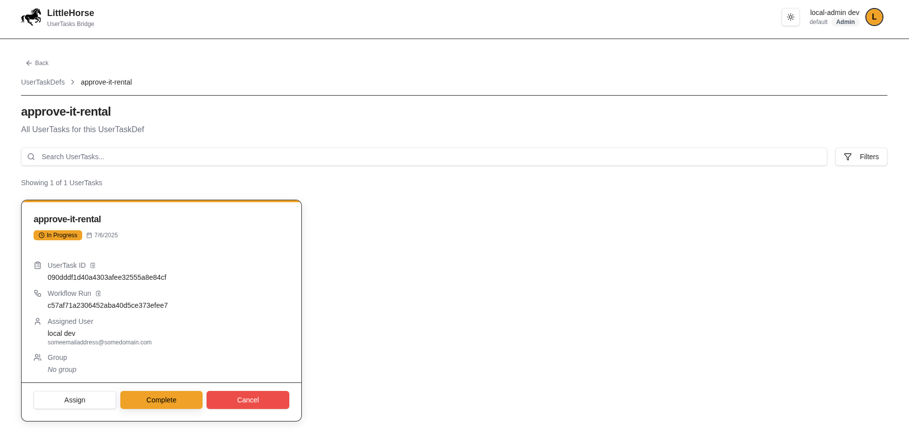 A screenshot of the Pony ID Console showing the User Task Run assigned to `local dev`.